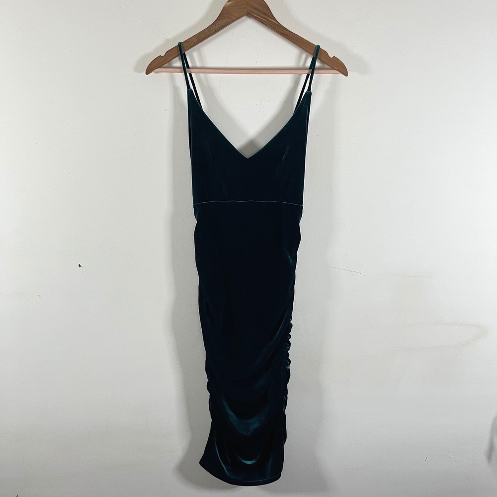 Naked Wardrobe Emerald Green Velvet Ruched Bodycon Midi Dress Medium - Picture 3 of 8